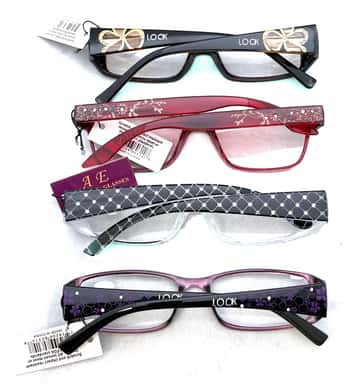 Women's Reader Glasses w/ Metalic Floral Print & Embroidered Rhinestones - Assorted Colors & Powers