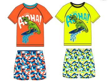 Boy's 2PC. Swim Set w/ Short-Sleeve Rash Guard & Swim Trunks - Aloha Surfing T-Rex - Ages 5-7