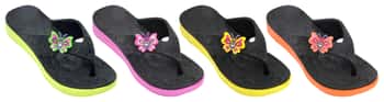 Girl's Sport Thong Sandals - Black w/ Neon Butterfly Adornment & Sole