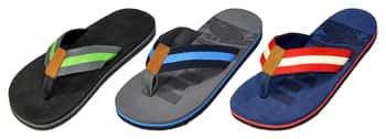 Men's Sport T-Strap Flip Flop Sandals w/ Two Tone Straps & Patch Embellishment