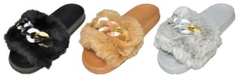 Women's Barbados Slide Sandals w/ Faux Fur Strap & Chain Link Embellishment