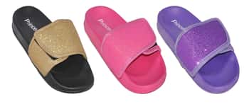 Girl's Velcro Strap Slide Sandals w/ Glitter Details - Assorted Colors