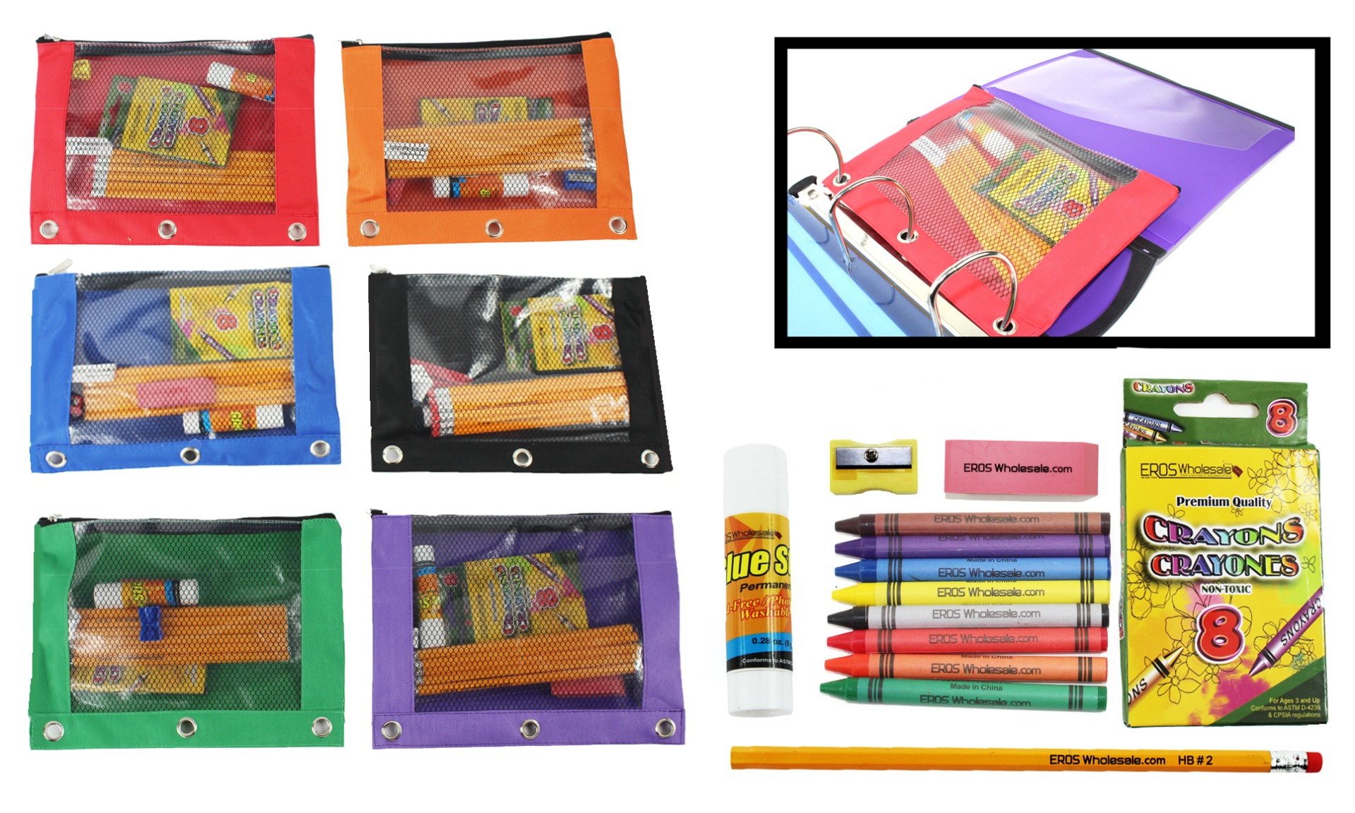 3 Ring Canvas Cloth Pencil Pouches in Bulk Assorted Color Bundles (24  Pencil Cases in 8 Colors)