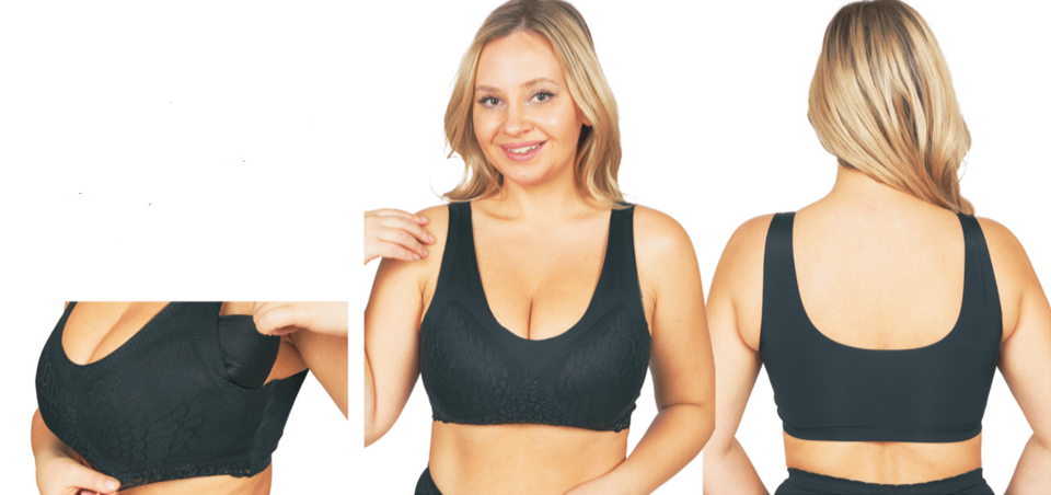 Women's Slip-On Padded BRAs w/ Embroidered Mesh Pattern - Black