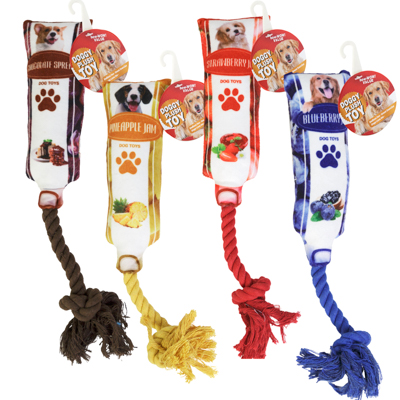 Dog TOY PLUSH/rope With Squeaker 4 Assorted Jams In Pdq #p34069