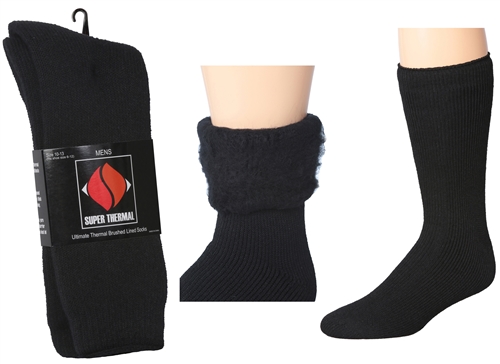 Men's Black Super Thermal Crew SOCKS w/ Brushed Lining - Size 10-13