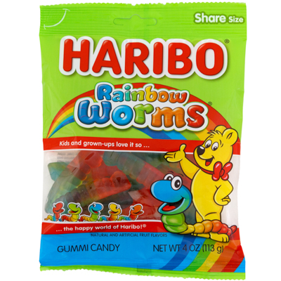 Gummy RAINBOW Worms Haribo 4 Oz Peg Bag