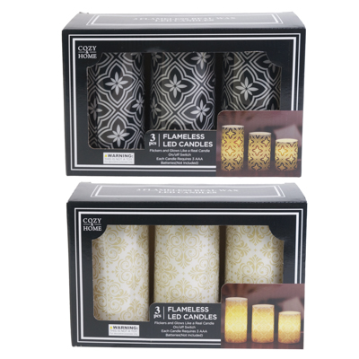 Flameless 3pk Wax Led CANDLE Sets 1 Ea 3x4/3x5/3x6 2asst Gold/blk Print Color Boxed