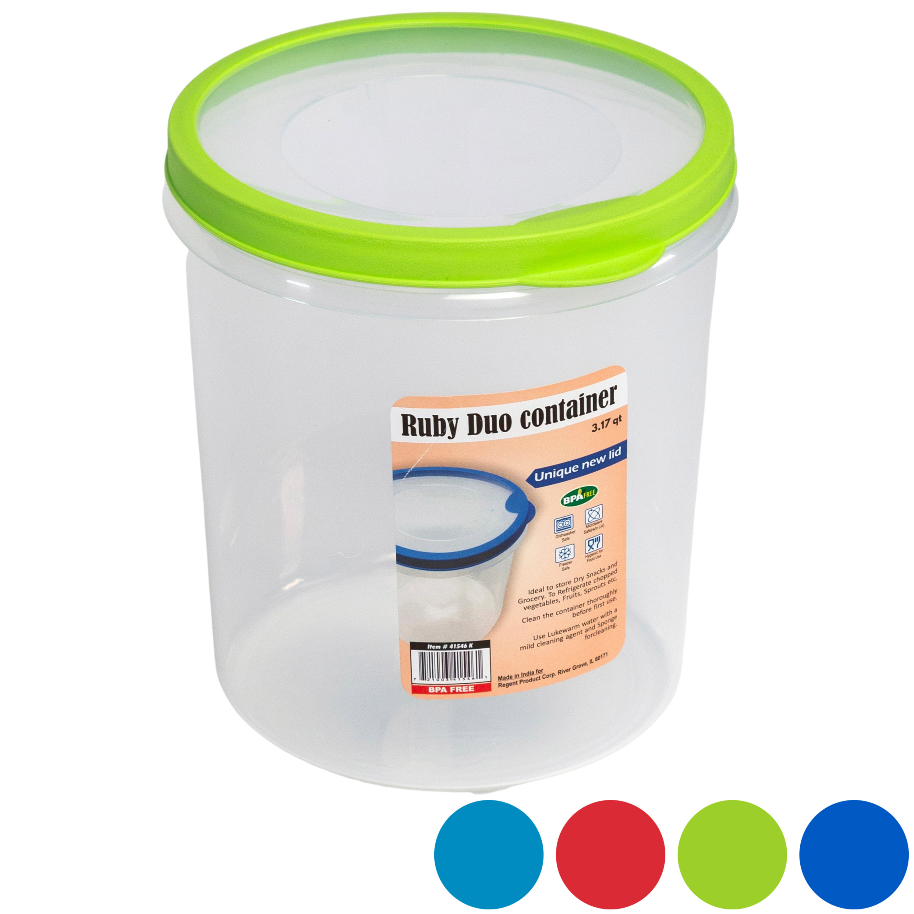 Food Storage Container Round 4 Color Rubber RIM On Lid 3.17qt 6.7 Dia X 6.5h