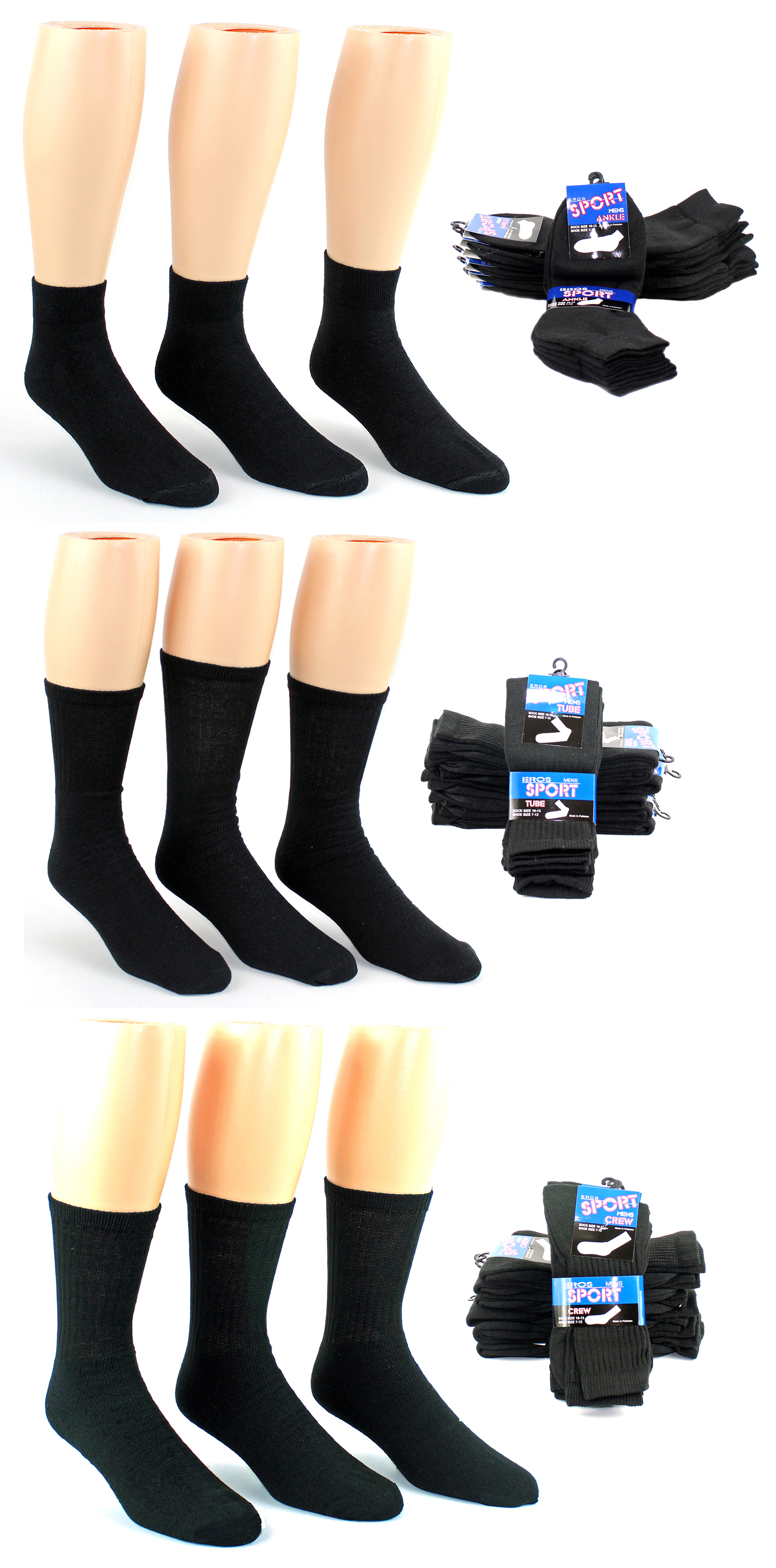 MEN's Black Cotton Athletic Socks - Ankle/Tube/Crew Combo