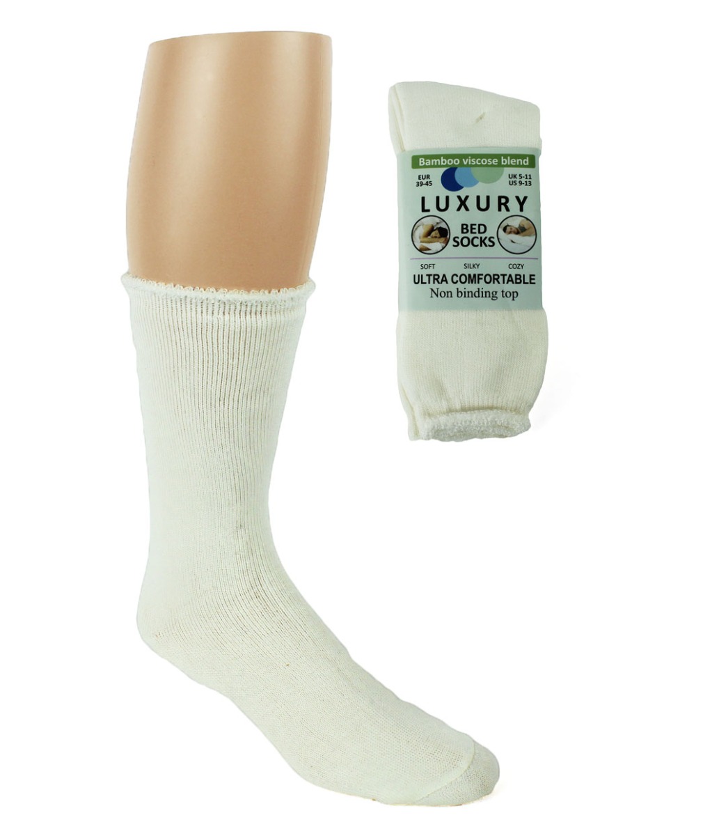 Luxury BAMBOO Terry Lined Crew Bed Socks w/ Non-Binding Top - 2-Pair Packs
