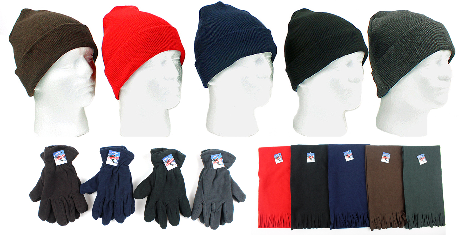 ''Adult Cuffed Winter Knit HATS, Men's Fleece Gloves, and Adult Solid Color Scarves''
