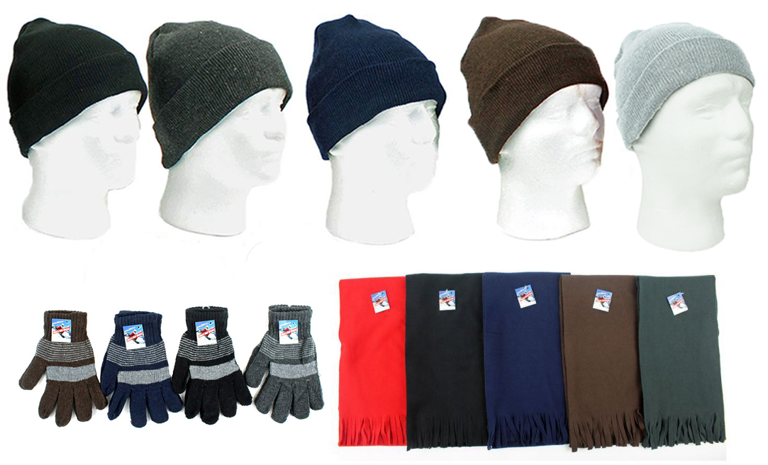 ''Adult Cuffed Winter Knit HATS, Men's Knit Gloves, and Adult Assorted Scarves''