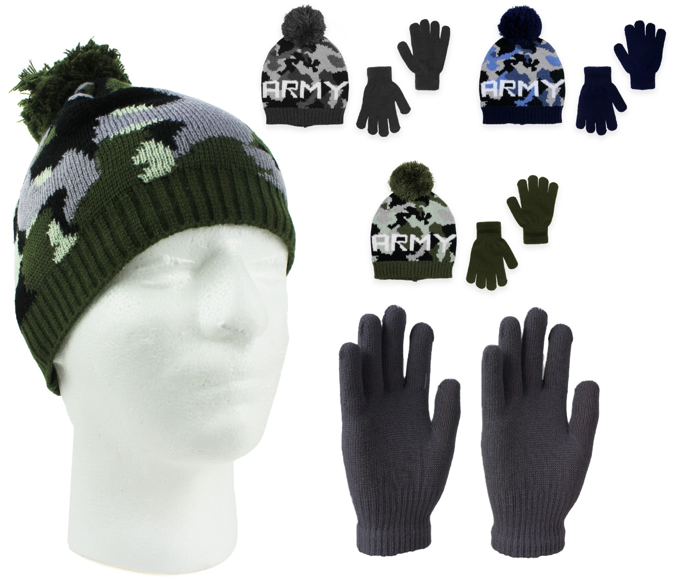 Boy's Premium Pom Pom Winter Hat & Glove Sets w/ Army CAMO Print