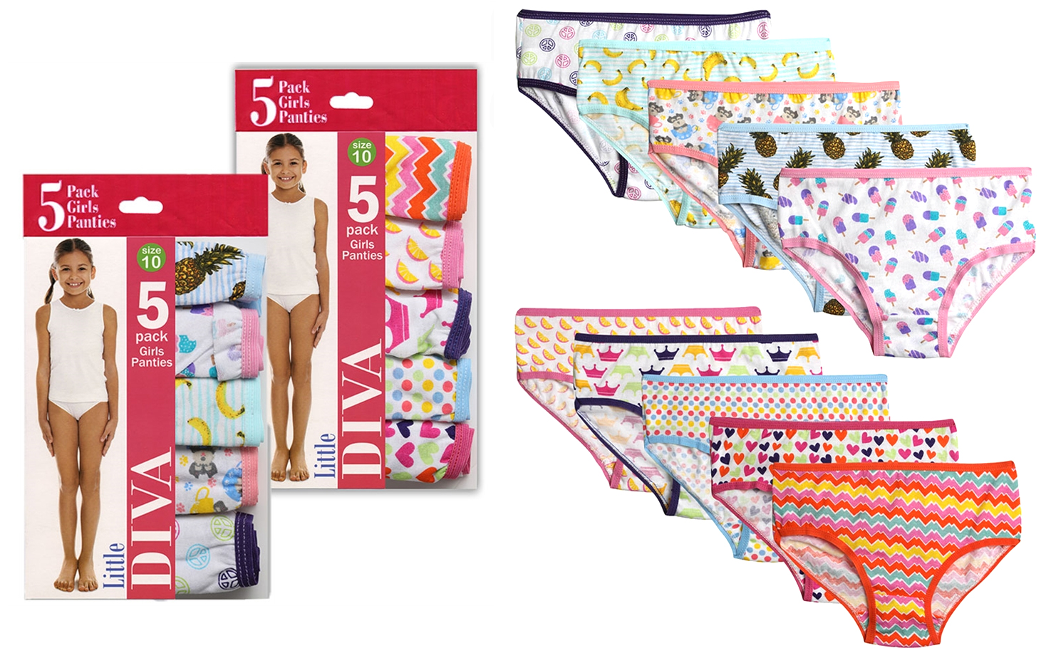 Girl's Underwear 5-Packs by Little Diva - Assorted Patterns - Sizes 4-14 -  Choose Your Sizes