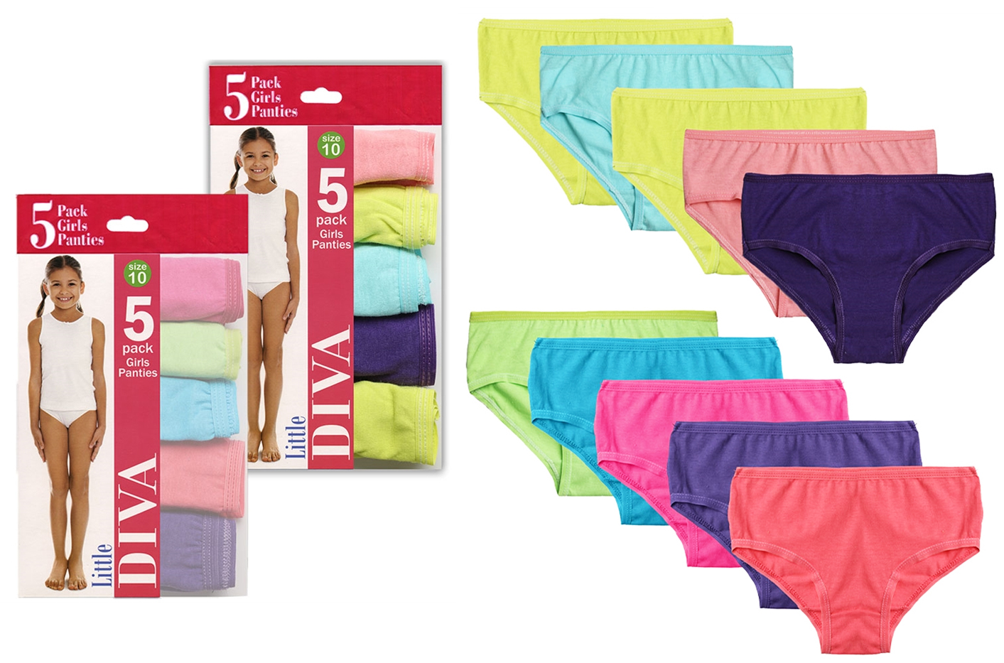 Girl's Underwear 5-Packs by Little Diva - Solid Colors - Sizes 4-14 -  Choose Your Sizes