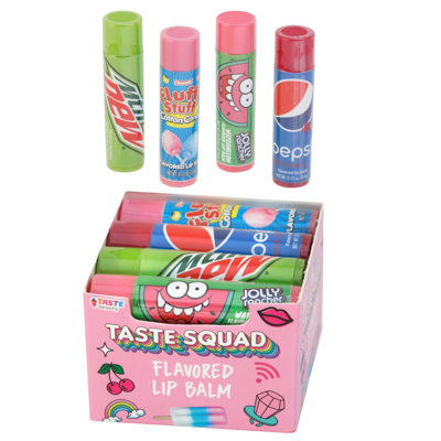 ''LIP Balms 4 Assorted Flavors In Counter Display - Pepsi, Fluffy Stuff, Mountain Dew, Jolly Rancher''