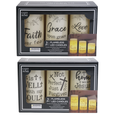 Flameless 3pk Wax Led Religious CANDLE Set 1 Ea 3x4/3x5/3x6 2asst Color Boxed