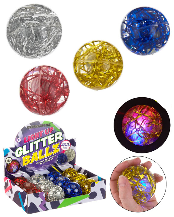 Light-Up LED GLITTER Balls w/ Embossed Fridge Party Streamer & Counter Display