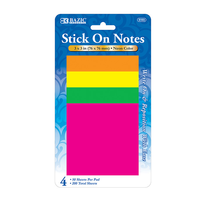 ''40 CT. 3'''' X 3'''' Neon Stick On Notes (4/Pack)''