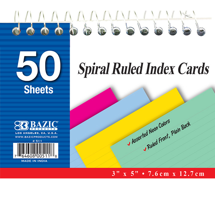 ''50 Ct. SPIRAL Bound 3'''' X 5'''' Ruled Colored Index Card''