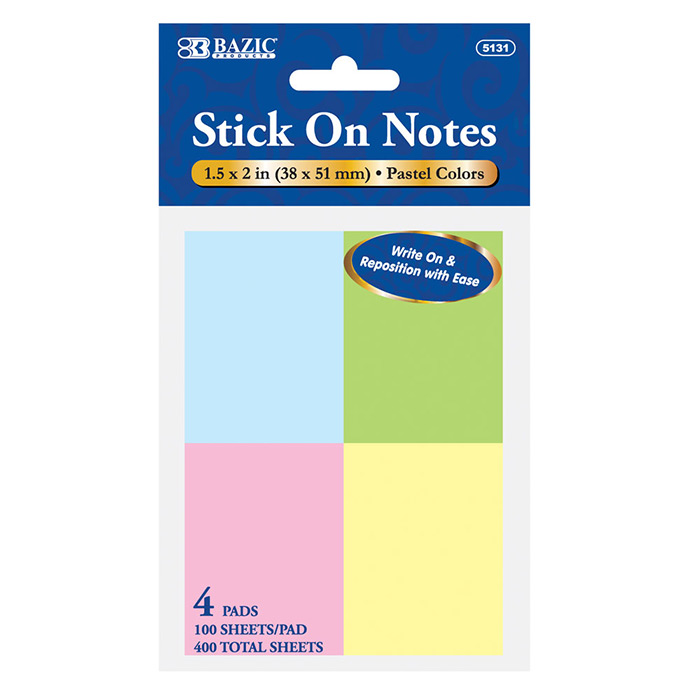 ''100 Ct. 1.5'''' X 2'''' Stick On Notes (4/Pack)''