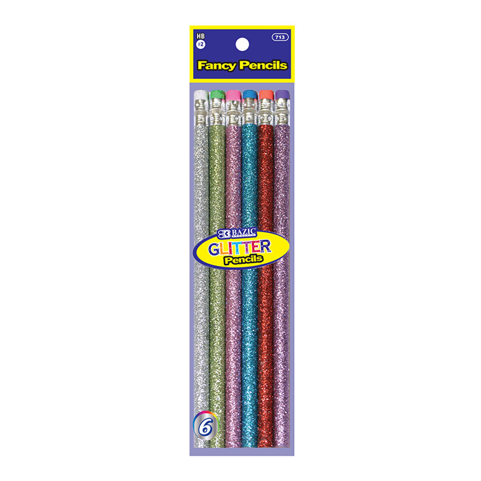 Metallic GLITTER Wood Pencil w/ Eraser (6/Pack)