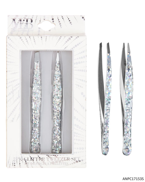 MHB (Must Have BEAUTY) Premium Embroidered Glitter Tweezers - Silver - 2-Pack