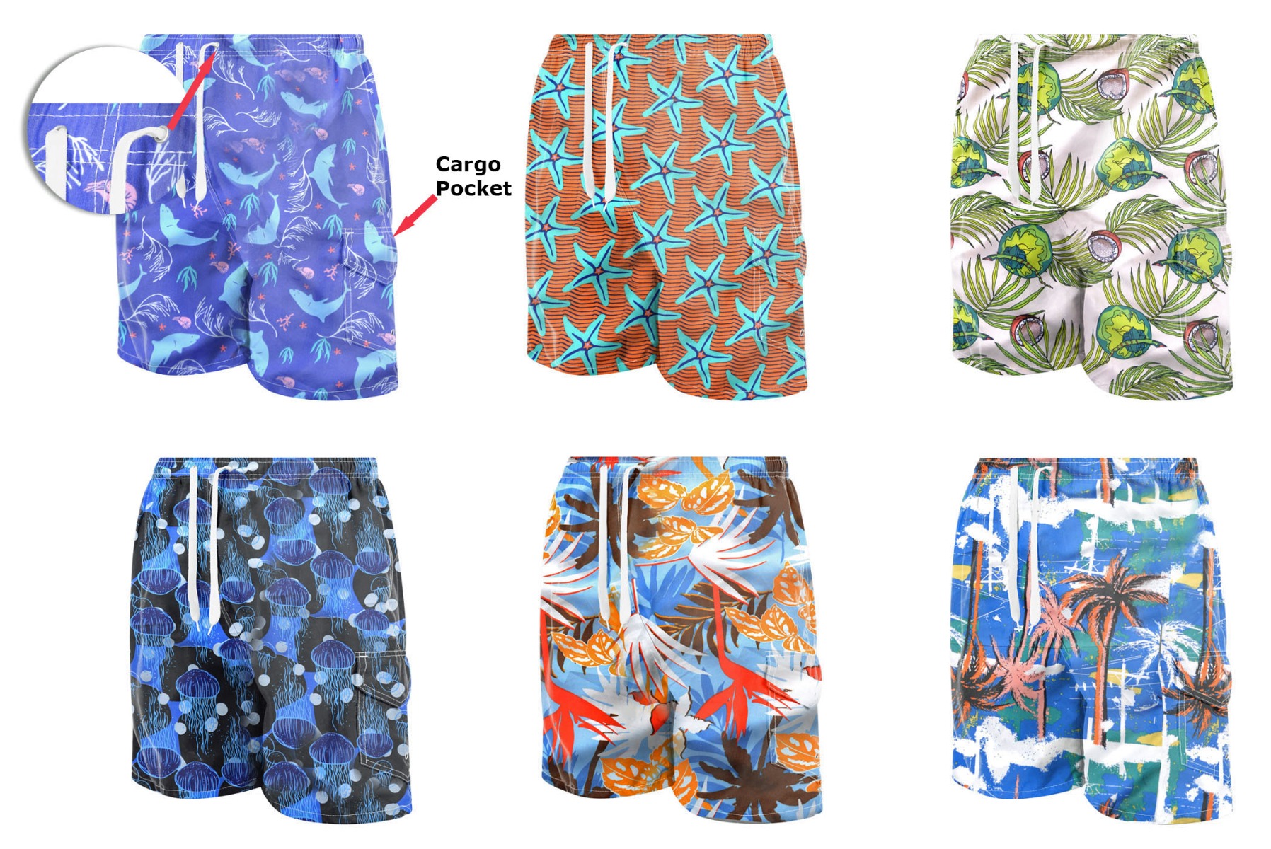 Men's Printed Swim Trunks w/ Cargo POCKETS - Tropical & Beach Print - Choose Your Size(s)