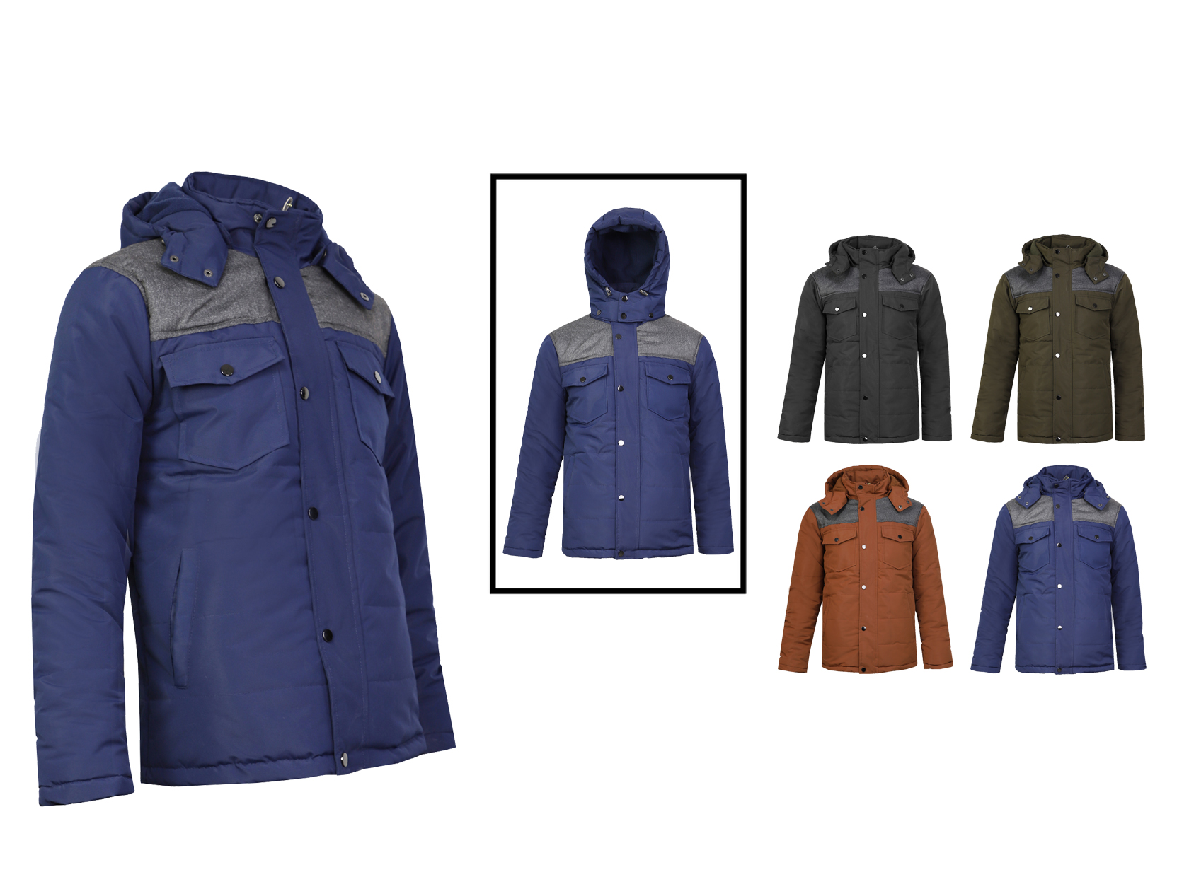 Men's Plus Size Two Tone Shell Fabric Winter JACKETs w/ Detachable Hood & Zipper