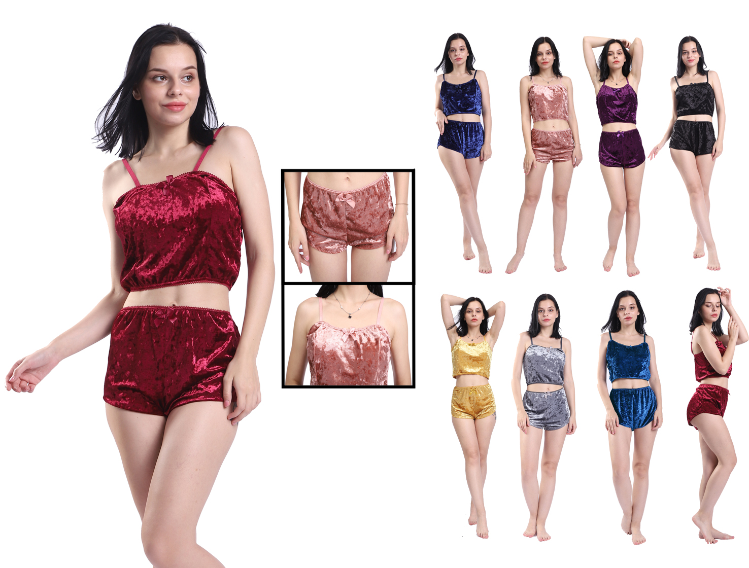 Women's 2-Piece Velour Spaghetti Strap Crop Top & Shorts Sets w/ SHIMMER Bow - Choose Your Color(s)