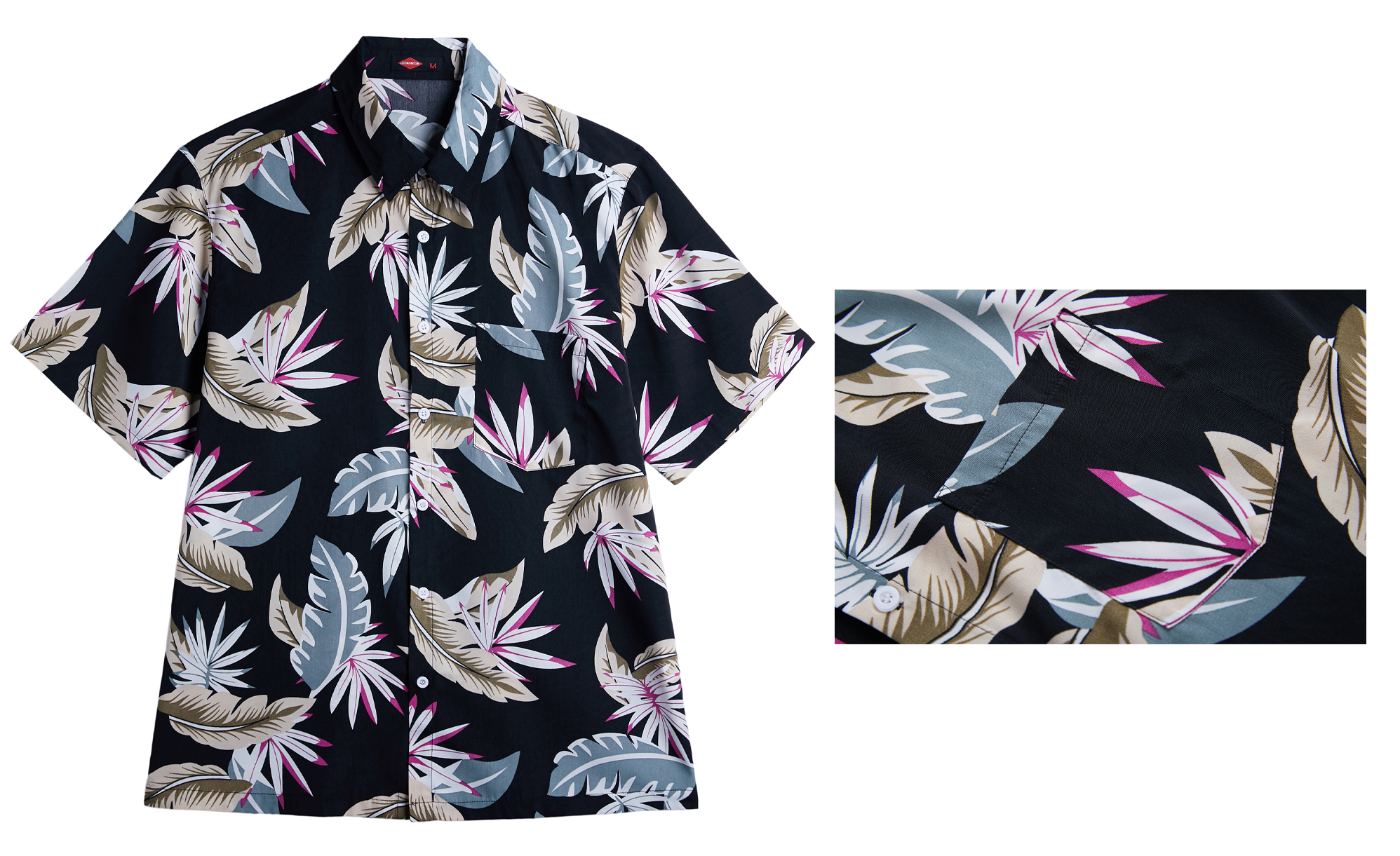 Men's Printed Button-Down HAWAIIAN Short Sleeve Shirt w/ Tropical Leaf Print