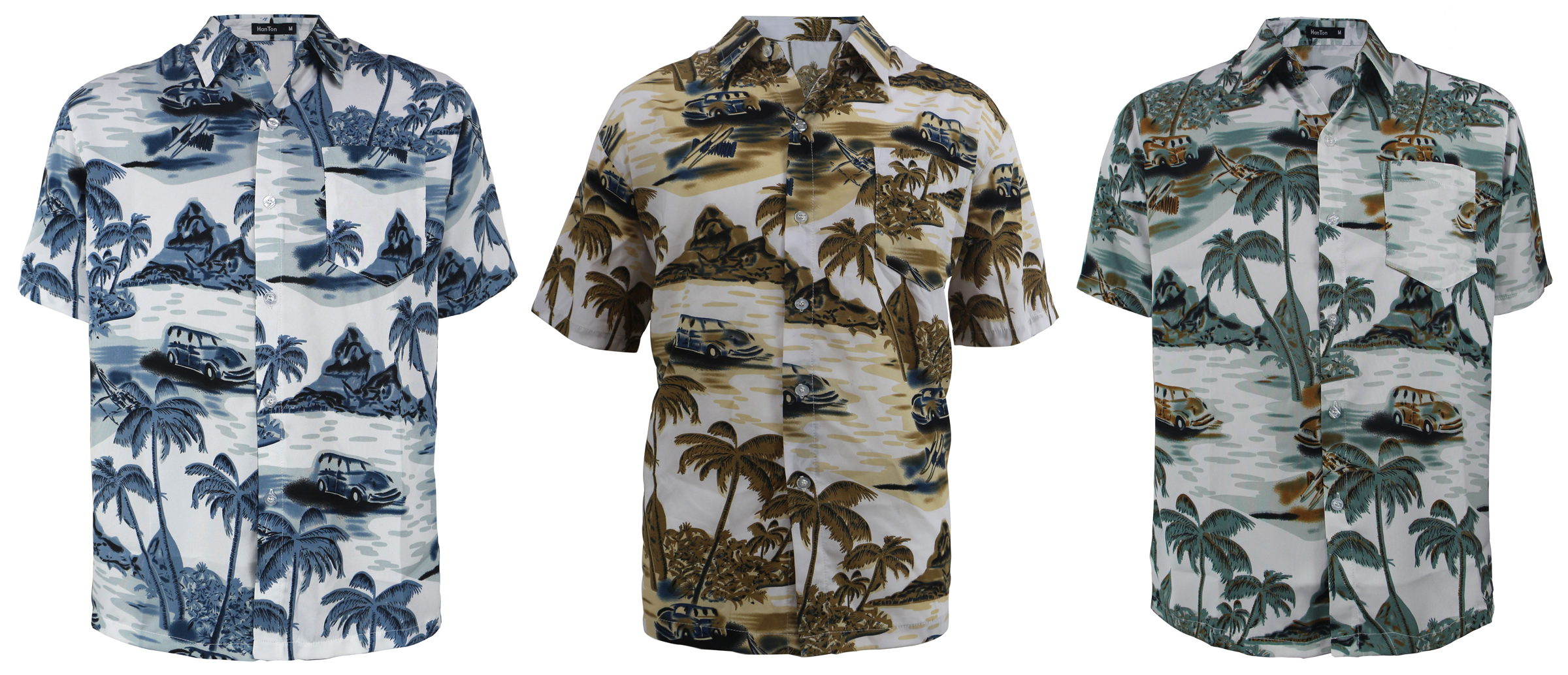 Men's HAWAIIAN Shirts w/ Front Pocket - Palm Tree Prints - Sizes Small-2X