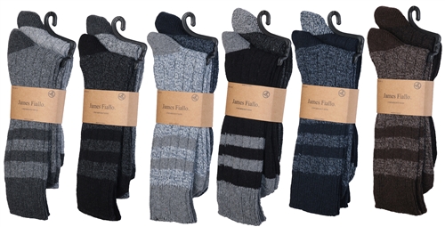 Men's WOOL Blend Marled Ribbed Knit Thermal Boot SOCKS w/ Rugby Stripes - Size 10-13 - 2-Pair Packs