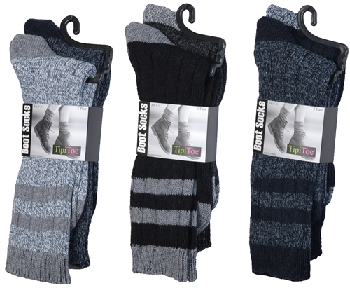 Women's WOOL Blend Marled Ribbed Knit Thermal Boot SOCKS w/ Rugby Stripes - Size 9-11 - 2-Pair Packs