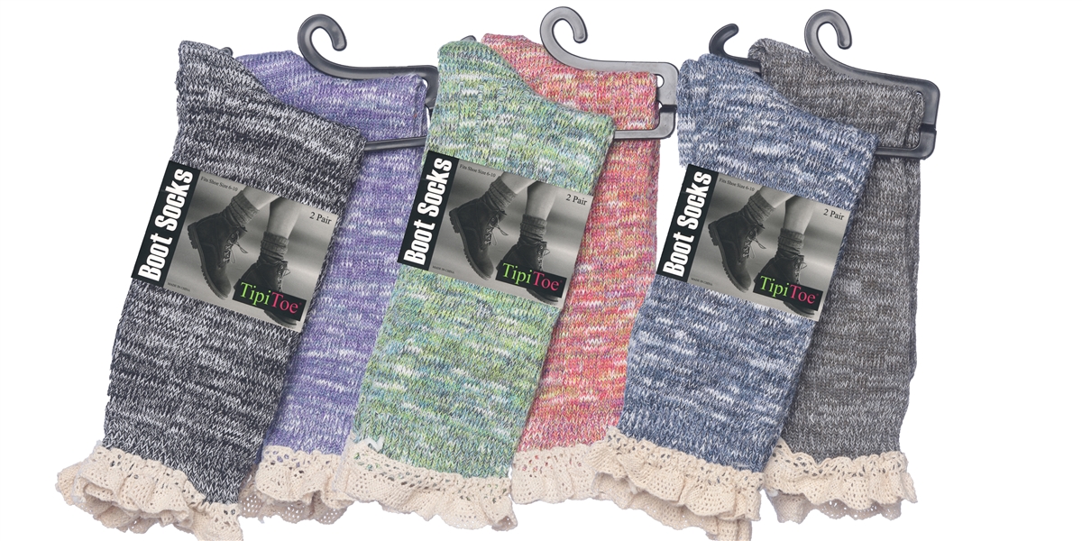 Women's Marled Ribbed Knit Thermal Boot SOCKS w/ Lace Cuff - Size 9-11 - 2-Pair Packs