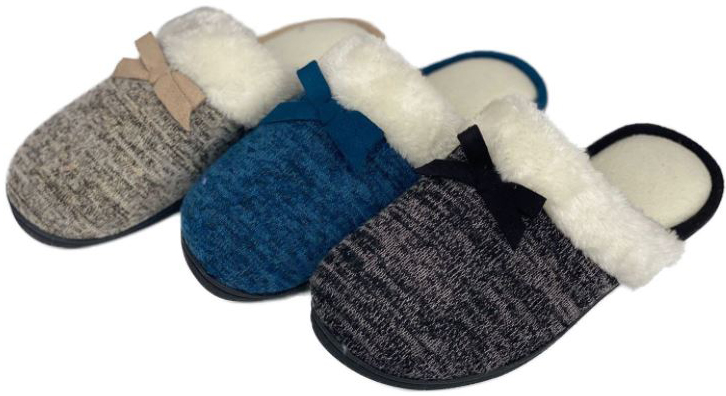 Women's Jersey Knit Mule SLIPPERS w/ Faux Fur Trim & Satin Bow