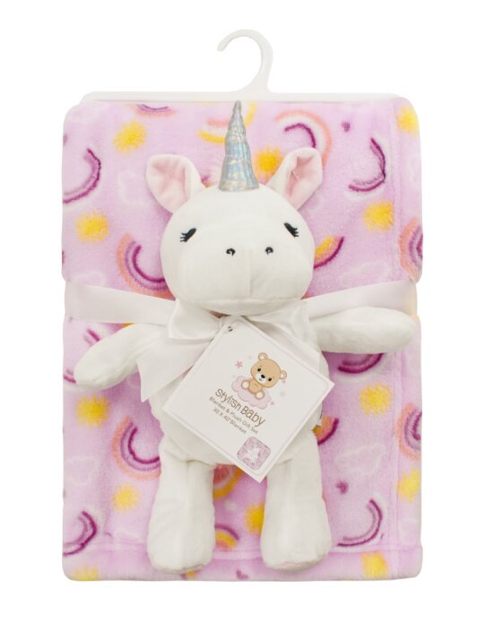 ''30'''' x 40'''' RAINBOW Printed Baby Blanket w/ Plush Unicorn''