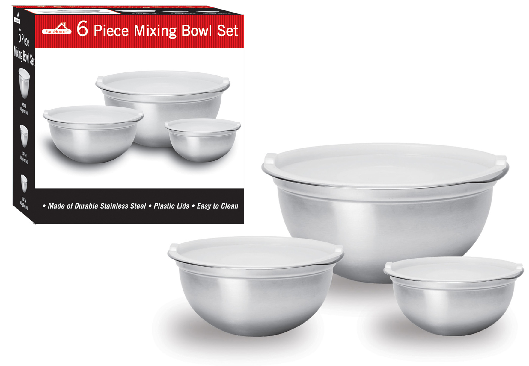 6-Piece Stainless STEEL Mixing Bowl Sets w/ Plastic Lids