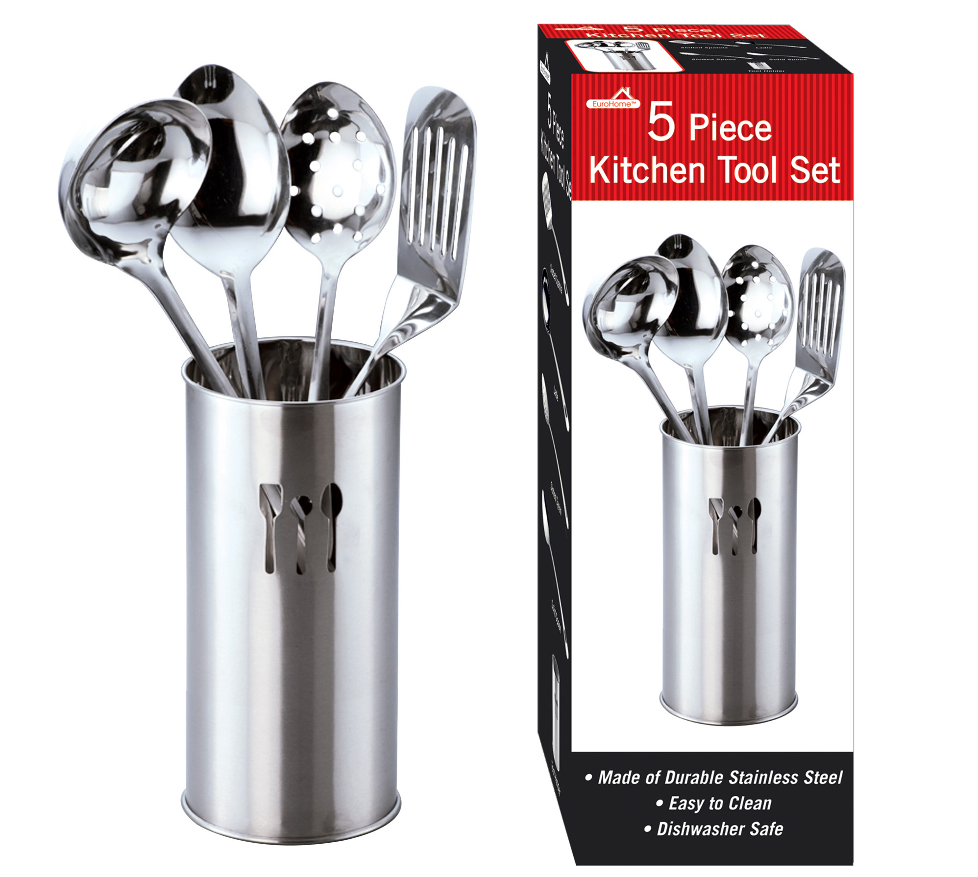 5-Piece Stainless STEEL Cooking Utensil Sets w/ Chef Embroidered Holder