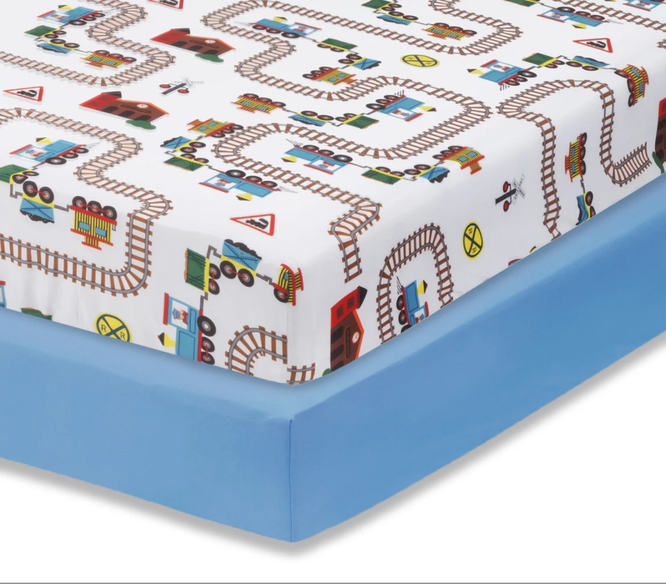 Train Printed & Solid Light Blue Fitted Crib SHEETS - 2-Pack