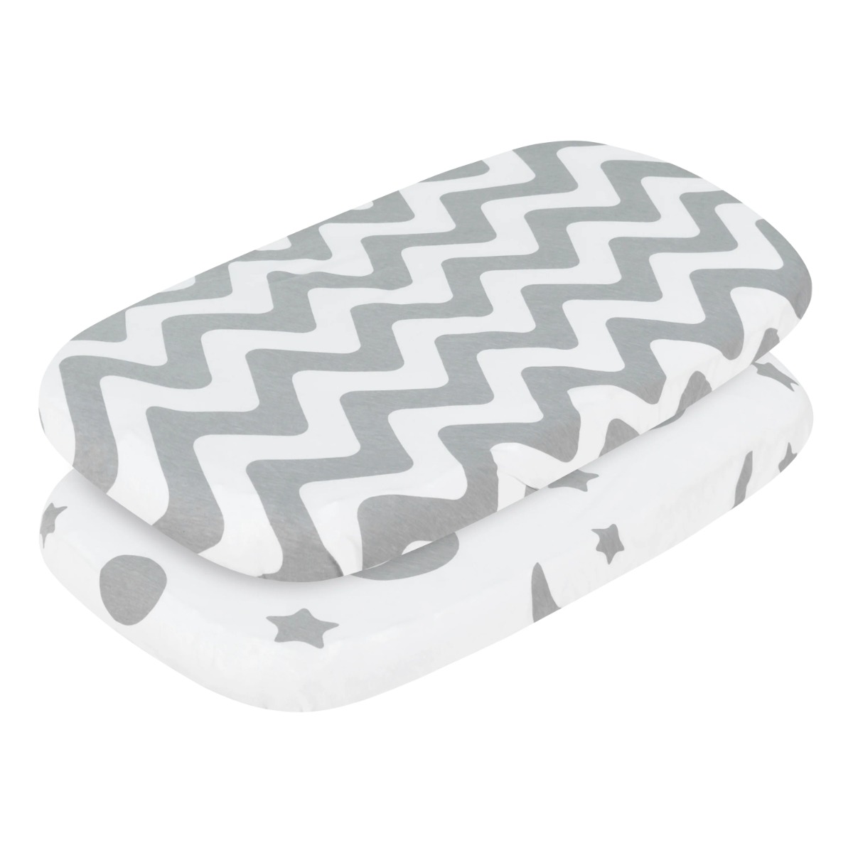 GrAy & WhitE BAssinEt ShEEt SEts w/ ChEvron & Moon STARs Print - 2-PAck