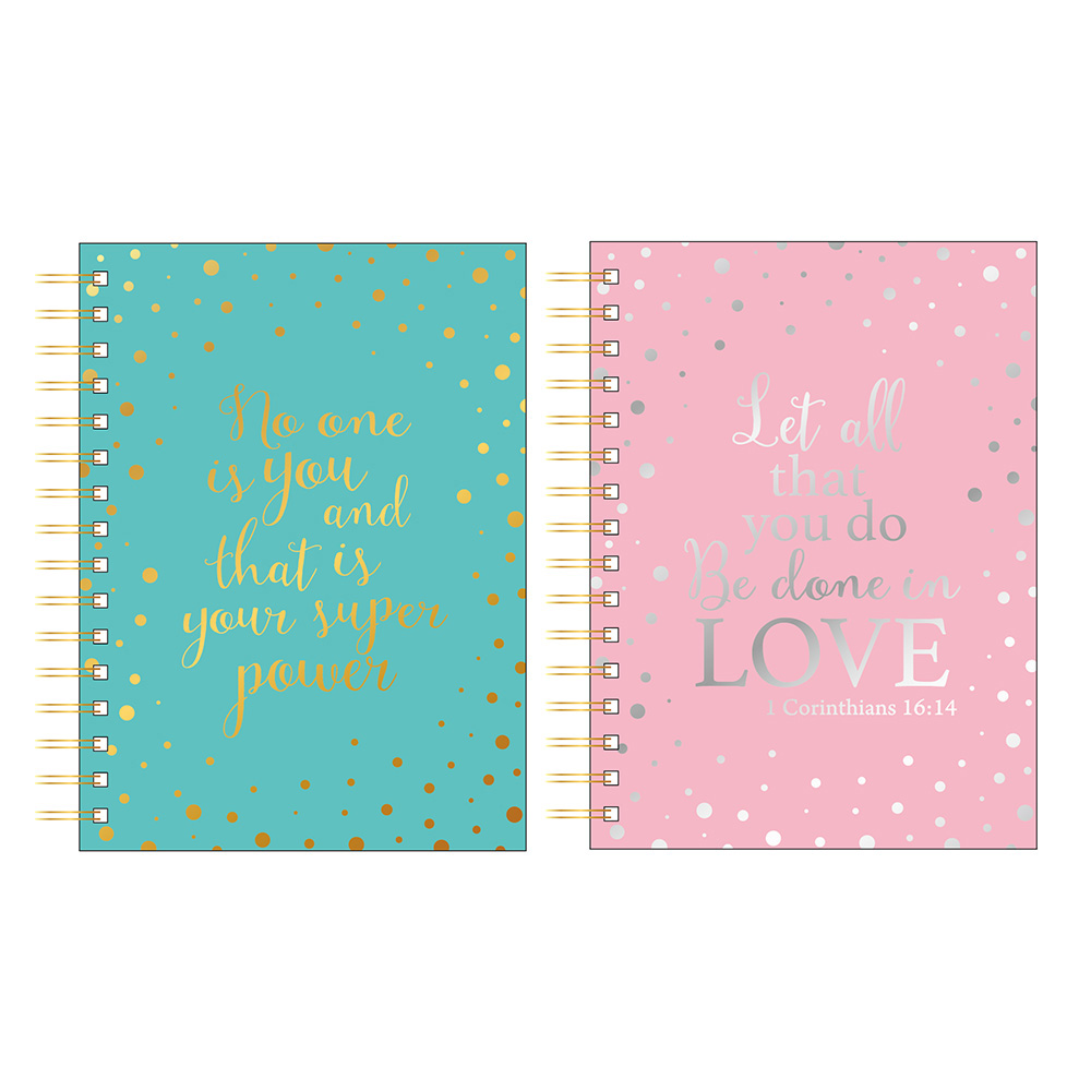 160-Sheet JUMBO Pastel Spiral Journals w/ Inspirational Messages & Embroidered Polka-Dots