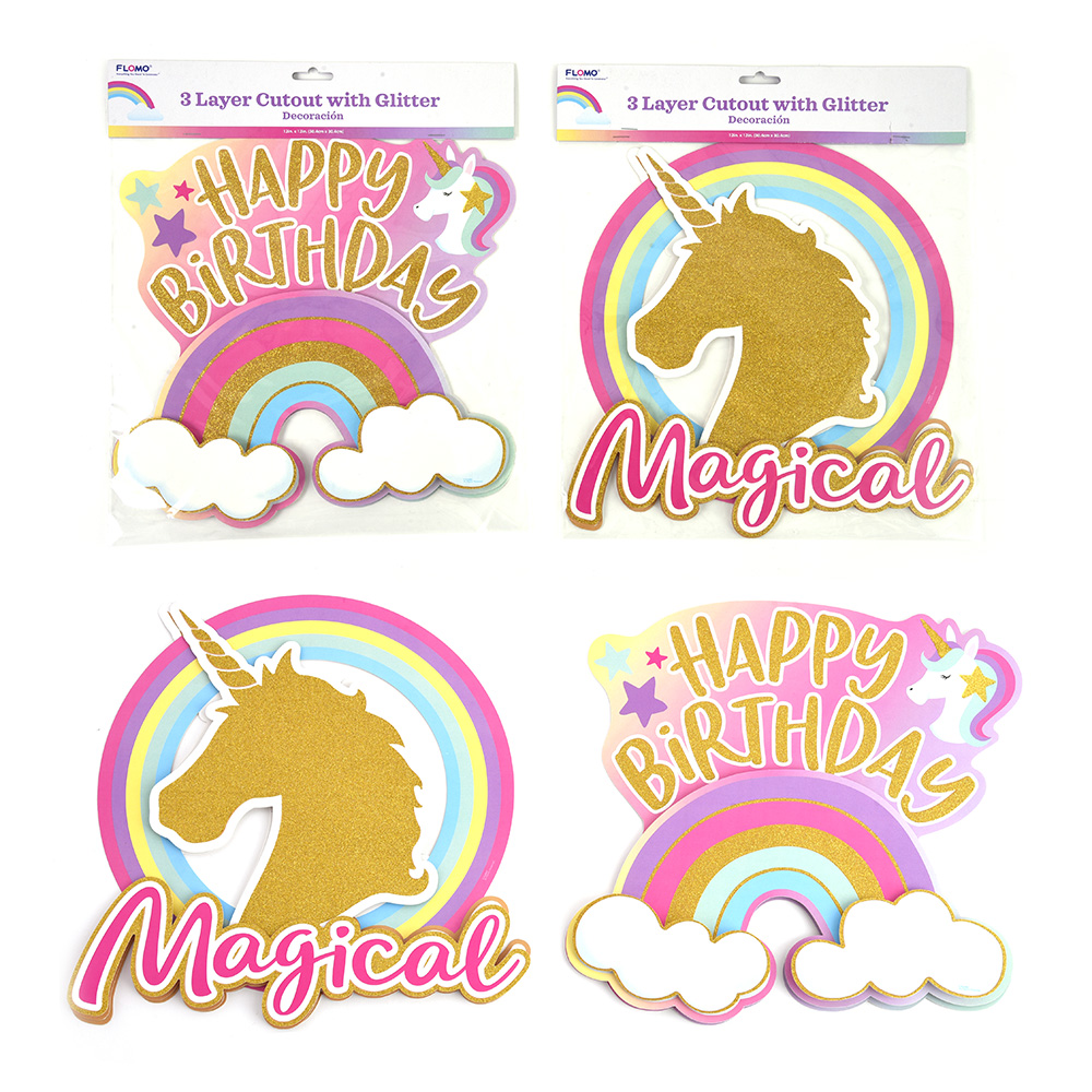 3D Unicorn Happy Birthday GLITTER Cutouts