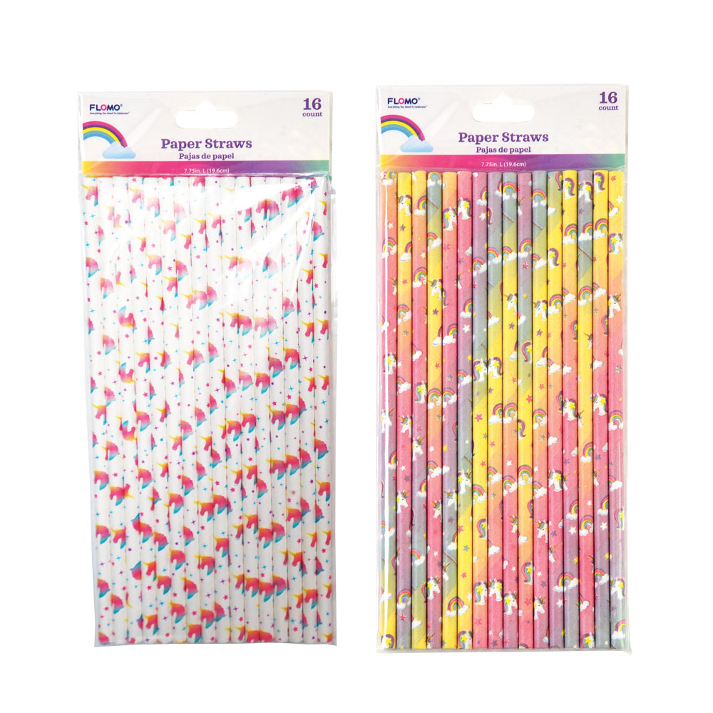 Unicorn Paper Party Straws in 2 DESIGNS Assorted - 16-Packs