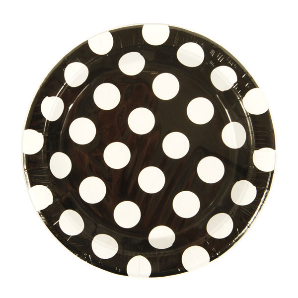 ''9'''' Printed Disposable Paper PLATES w/ Black & White Polka Dot Print - 8-Pack''