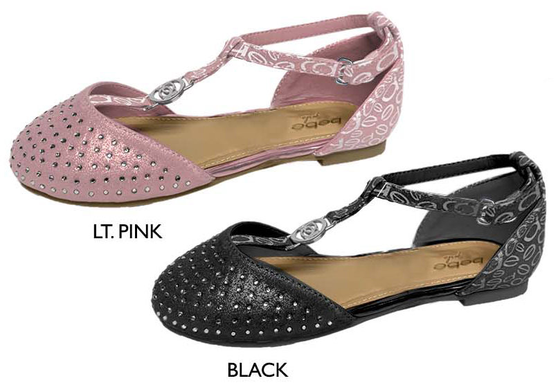 Girl's SHIMMER Faux Leather Flats w/ Rhinestone & Bebe Print Details
