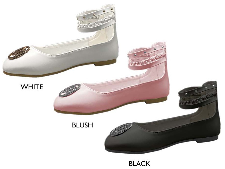 Girl's Patent Leather Flats w/ Braided Detail Ankle Strap & BEBE Medallion