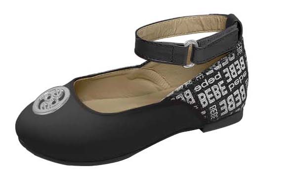 Toddler Girl's Ankle Strap Ballet Flats w/ BEBE Heel Print & Stud Embellishment - Black