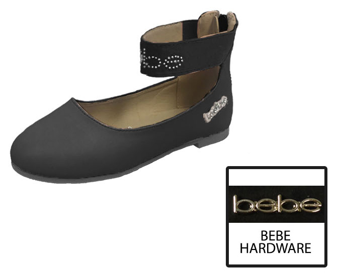 Toddler Girl's Ankle Strap Flats w/ Stud Embroidered Strap & Logo Embellishment - Black